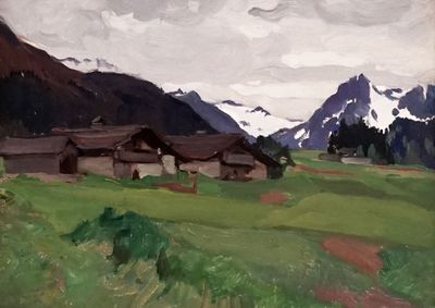 un tableau représentant une maison dans un champ, avec des montagnes en arrière-plan