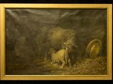 tableau représentant un mouton et un agneau dans une grange, avec un blason
