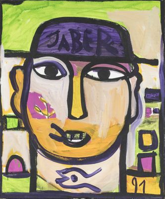an image of a painting of a man with a purple hat