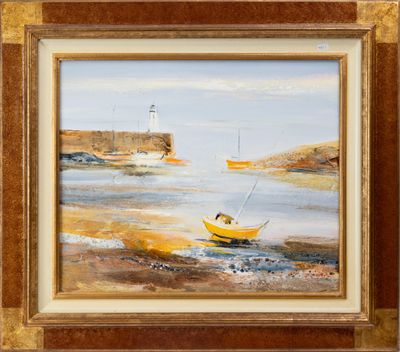 an oil painting of a yellow boat sitting on top of a sandy beach