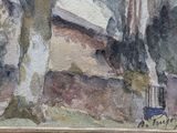 a painting of a building with a clock on it