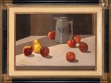 a painting of apples and a pitcher on a table