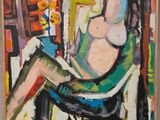 un tableau représentant une femme assise sur une chaise avec un vase de fleurs