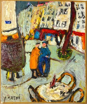 une peinture à l'huile représentant un homme et une femme marchant dans une rue