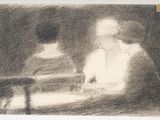 une image représentant le dessin d'un homme assis à une table devant une lampe