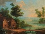 an oil painting of a river scene with a house and a bridge