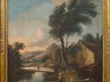 an oil painting of a river scene with a village in the background