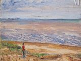an oil painting of a man standing on a beach next to a body of water