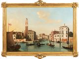 painting of a view of venice with gondola boats and a clock tower
