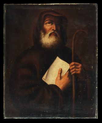 un tableau représentant un vieil homme tenant un livre et une canne