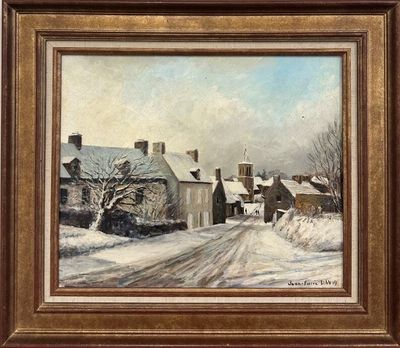 une peinture à l'huile représentant une route enneigée avec des maisons et des arbres en arrière-plan