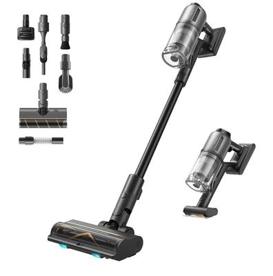 a close up of a cordless vacuum cleaner on a white background