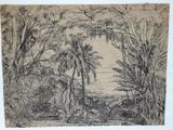 une image représentant un dessin d'un paysage tropical avec des palmiers