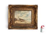 une peinture à l'huile représentant une scène de plage avec un phare au loin