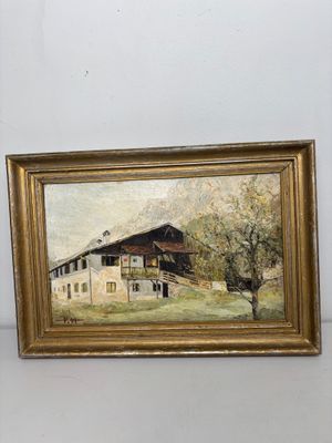 an oil painting of a barn and a tree in a gold frame