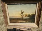 une peinture à l'huile représentant un paysage avec des arbres dans un champ