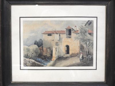 tableau encadré représentant une maison dans un cadre champêtre