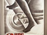 an old poster of a woman ' s legs on a wheel