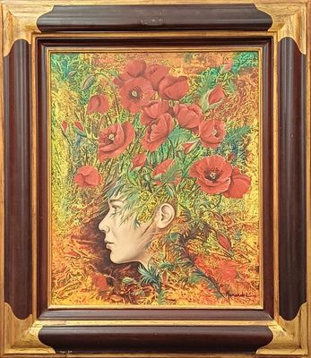 Catherine ALEXANDRE (XXè-XXIè) Tête aux coquelicots" huile s…