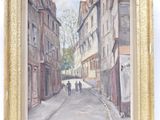 une peinture à l'huile représentant une scène de rue avec des personnes marchant dans la rue