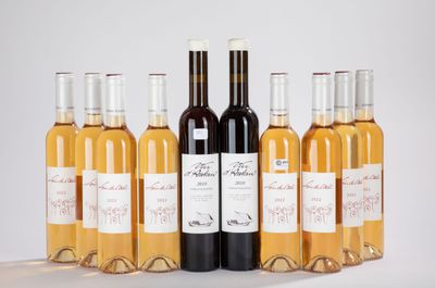six bottles of wine are lined up on a table
