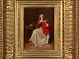 un tableau représentant une femme en robe rouge assise sur une chaise