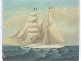 painting of a sailing ship in the ocean with a flag on the mast