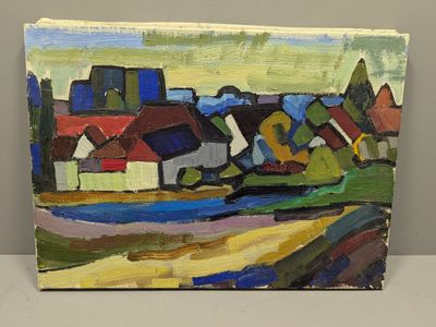une peinture à l'huile représentant une petite ville avec une rivière au premier plan
