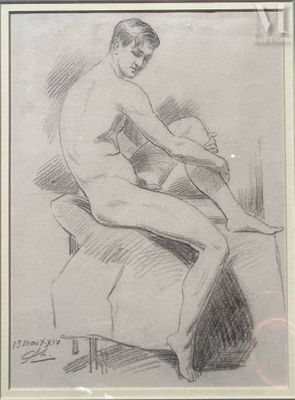 dessin représentant un homme nu assis sur un lit, dans un cadre