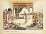 a drawing of a scene in a palace with people sitting on the floor