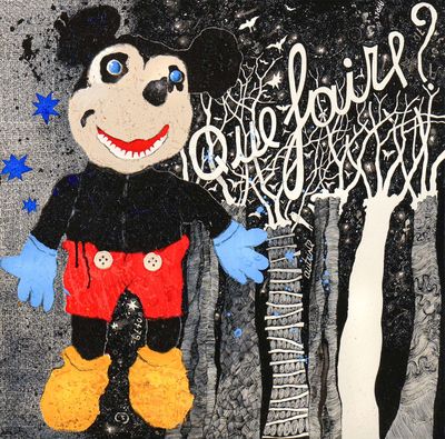painting of a mickey mouse holding a guitar in front of a tree