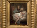 an image of a painting of a man reading to a baby