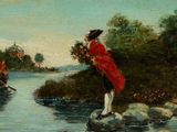 a painting of a man standing on a rock by a river