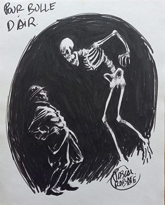 un dessin en noir et blanc représentant un squelette et un homme