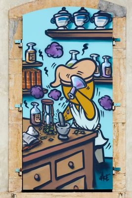 painting of a man in a lab coat pouring liquid into a beaker