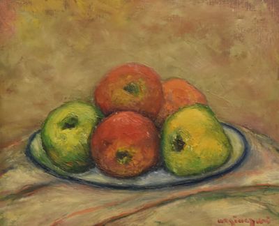 a painting of apples and pears on a plate on a table