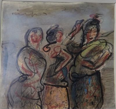 peinture représentant un groupe de personnes debout les unes à côté des autres sur un mur