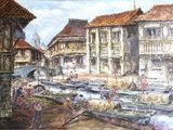 une peinture représentant un canal avec des bateaux
