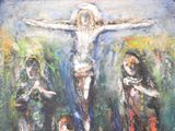 a painting of jesus on the cross with other people