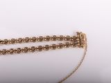 a close up of a gold necklace with a chain attached to it