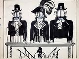 drawing of three men in top hats and tails standing at a table