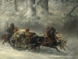 un tableau représentant un traîneau tiré par deux hommes