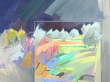 une peinture à l'huile représentant un tableau représentant un champ avec des arbres en arrière-plan