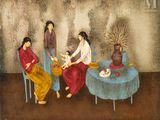 a painting of a family sitting around a table