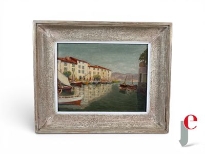 une peinture à l'huile représentant des bateaux dans un port avec des bâtiments à l'arrière-plan