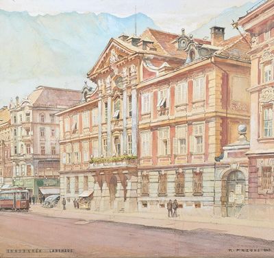 painting of a street scene with a horse drawn carriage in front of a building