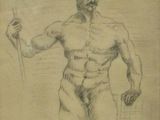 un vieux dessin représentant un homme tenant un bâton à la main