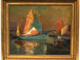 une peinture à l'huile représentant des bateaux dans un port par une journée ensoleillée