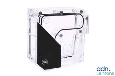 a close up of a clear box with a black label on it