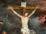 a painting of jesus on the cross with other people